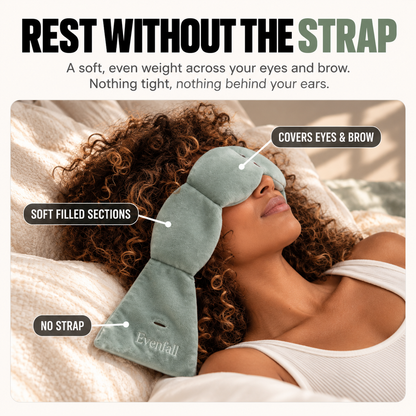 Evenfall weighted sleep mask in sage green resting over eyes and brow with no strap – All colors